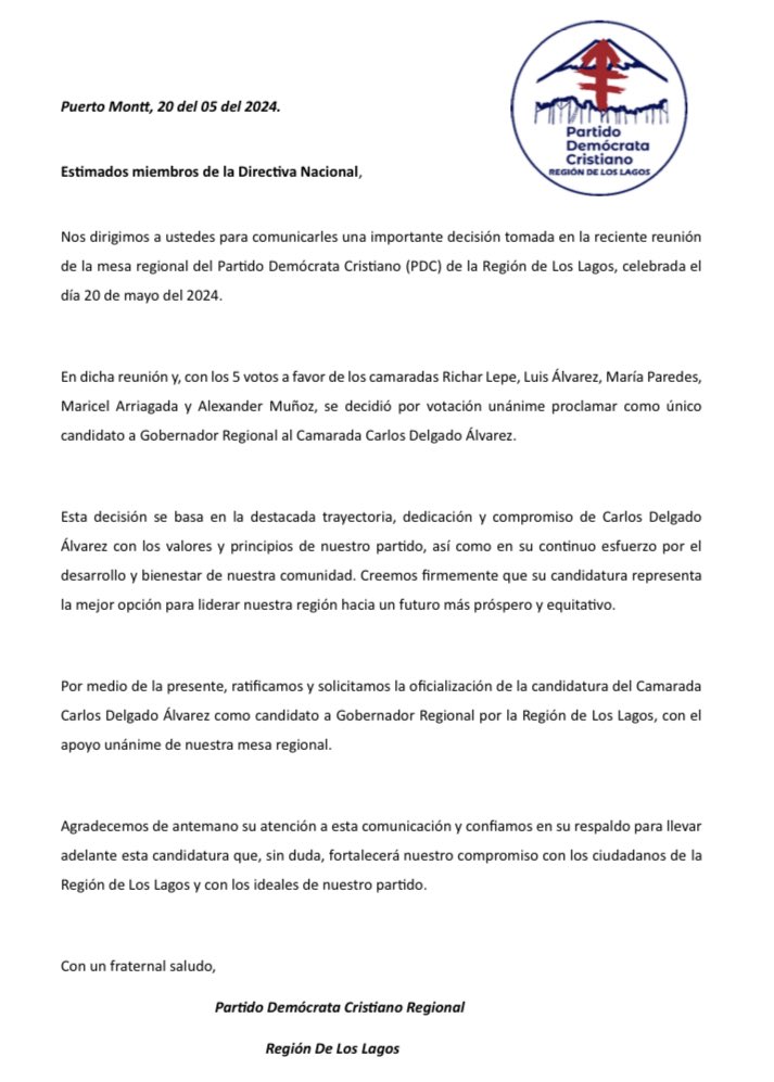 A la opinión pública de nuestra región informamos importante acuerdo sobre el nombre proclamado como candidato a Gobernador Regional de forma unánime por nuestra directiva regional. <a href="/aundurragav/">Alberto Undurraga</a> <a href="/fhuenchumillaj/">Francisco Huenchumilla Jaramillo</a> <a href="/osramirezr/">Oscar Ramírez Romero</a> <a href="/GianniRiveraFoo/">Gianni Rivera Foo</a> <a href="/akraussvalle/">Alejandra Krauss V.</a> <a href="/hectorbarria/">Hector Barria Diputado✌🏽</a> <a href="/PDC_Chile/">Democracia Cristiana</a>