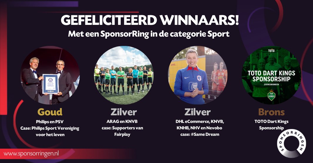 SponsorRingen's tweet image. De winnaars van een SponsorRing in de categorie Sport:

🥇@Philips &amp;amp; @PSV - Philips Sport Vereniging voor het leven
🥈@ARAG_nl &amp;amp; @KNVB - Supporters van Fairplay
🥈@DHLeCommerce, @KNVB, @KNHB_NL, @Handbal_NL &amp;amp; @nevobo - #SameDream
🥉@TOTODartKings Sponsorship

Gefeliciteerd! 👏