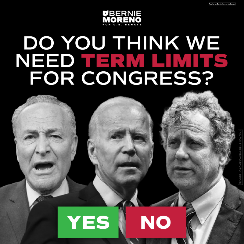 teammoreno2024's tweet photo. Career politicians like Joe Biden, Sherrod Brown, and Chuck Schumer have spent DECADES in Washington selling out the American people. We need term limits NOW – Do you agree?