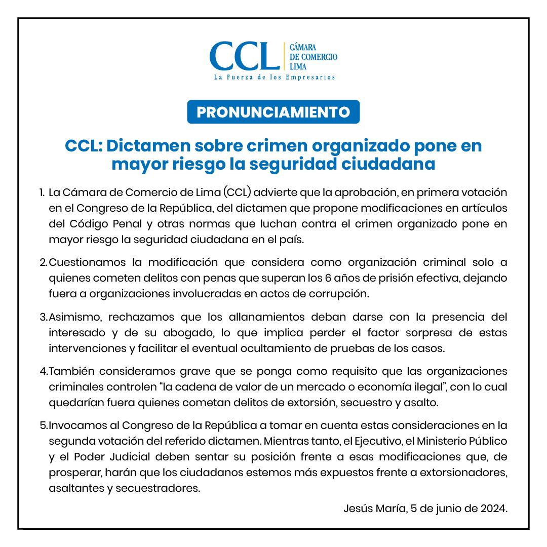 camaradelima's tweet photo. 🔴 #Pronunciamiento | En relación con el dictamen sobre crimen organizado, que pone en mayor riesgo la seguridad ciudadana, la CCL expresa lo siguiente: https://t.co/4WSr6g8dAF