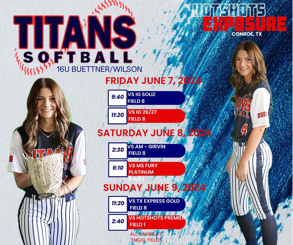 Can’t wait to compete at the Hotshots Summer Exposure this weekend in Conroe, TX. 
 <a href="/UTAMavsSB/">UTA Softball</a> <a href="/MSUTexasSB/">Midwestern State Softball</a> <a href="/Kara_Dill/">Kara Dill</a> @CoachBTalley <a href="/McLennan_SB/">McLennan Softball</a> <a href="/dtitanssoftball/">titanssoftball</a>