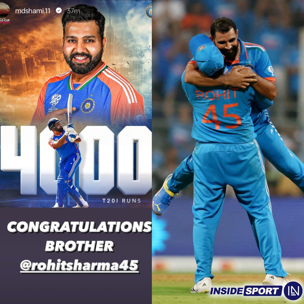 InsideSportIND's tweet photo. Mohammed Shami congratulates Rohit Sharma on achieving yet another milestone 👏🏻🏏

📷:- Mohd. Shami/ Instagram 

#MShami #RohitSharma #INDvIRE #T20WC2024 #Insidesport #CricketTwitter https://t.co/aBqMNOtgag