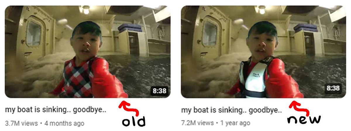 gleasn's tweet photo. My favorite YouTube thumbnail has changed.

Why do you think the kid now has a lifejacket? because of YouTube policy? or simply testing out something new? https://t.co/Steo0sNq7F