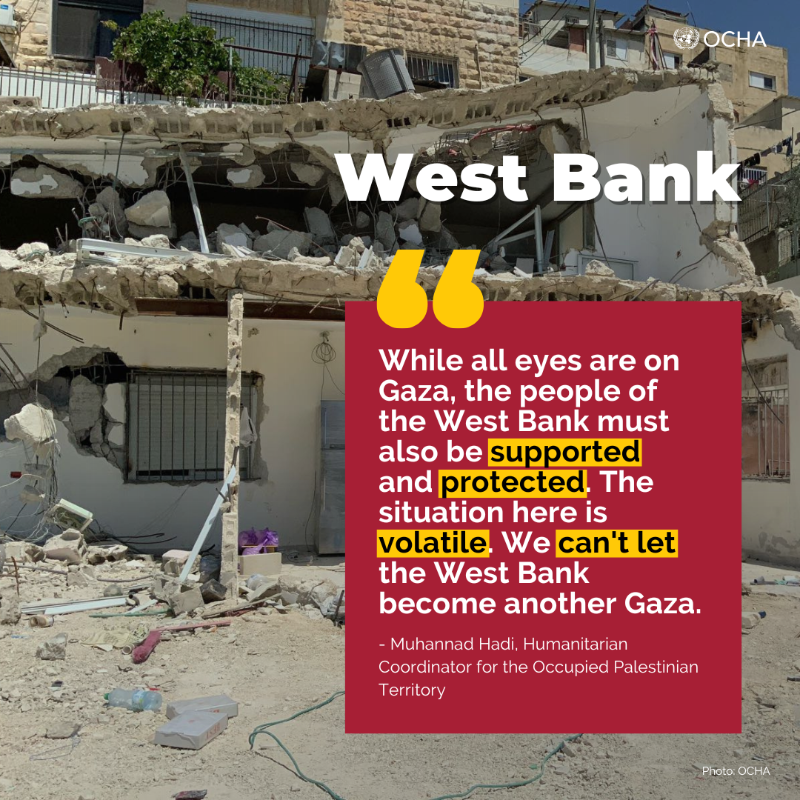 UNOCHA's tweet photo. #WestBank, including East Jerusalem, since 7 October 2023:
❗️+500 Palestinians killed - nearly 1/4 children. Thousands injured.

❗️+940 attacks by Israeli settlers.

❗️Israeli authorities tore down, confiscated or forced owners to demolish +900 Palestinian structures.

More 👇