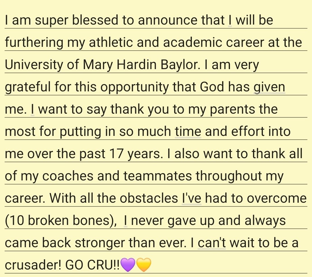 COMMITED!!!!💜💛 I'm so so grateful! 
<a href="/CruSoftball/">UMHB Softball🥎</a>