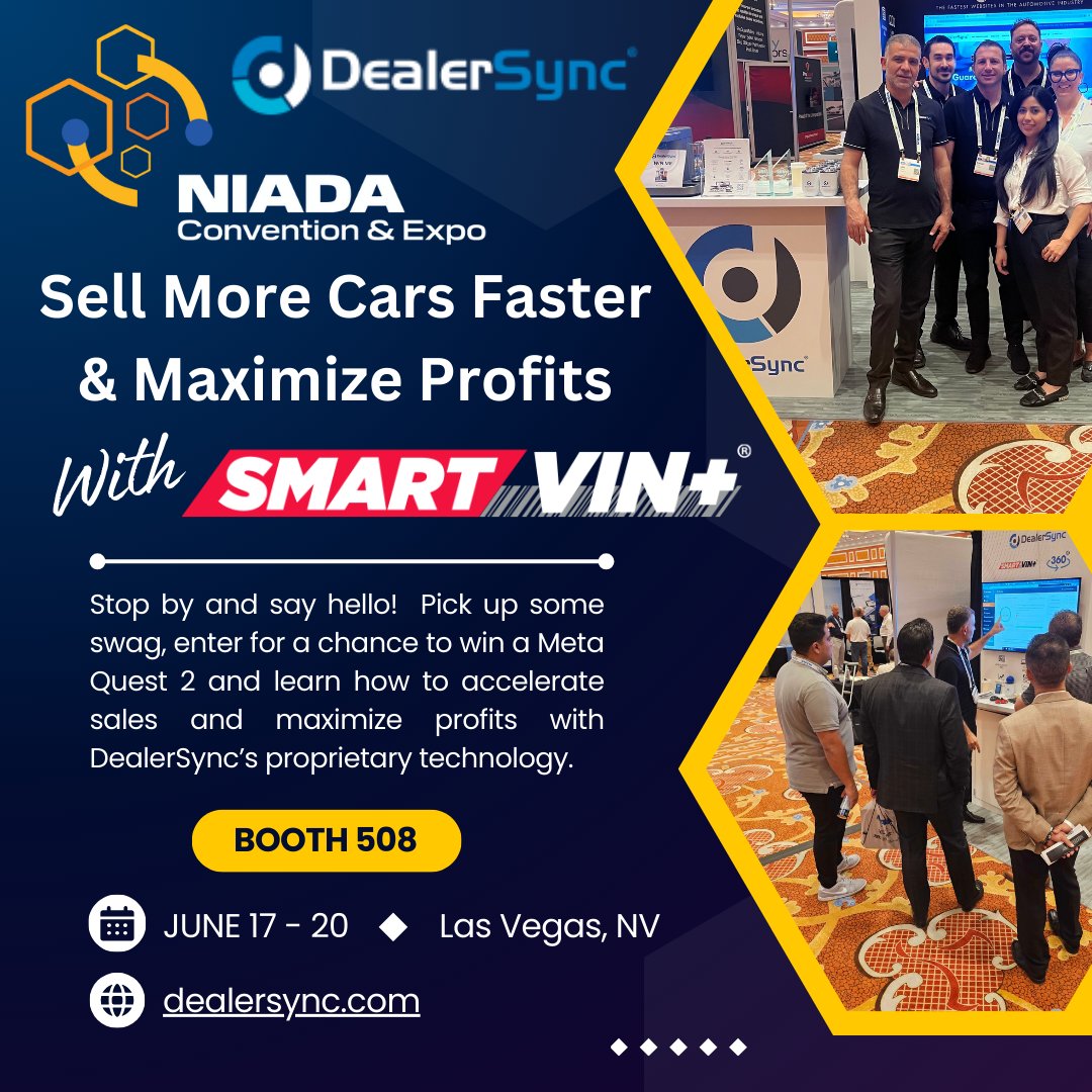 DealerSync's tweet photo. 🎉We’re thrilled to be attending the NIADA Conference in Vegas June 17-20! 🎉 Once you've seen the rest, come bet on the best. Visit us &amp; discover how our cutting-edge solutions can drive your success. Let's make this conference unforgettable! #NIADA2024 #LasVegas #BetOnTheBest https://t.co/qkmtBZu3aR