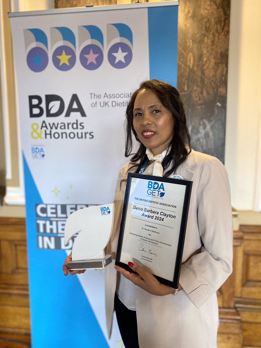Claudine Matthews (@cmsicklenutri) on Twitter photo Today was a very special day being celebrated by the GET and <a href="/BDA_Dietitians/">British Dietetic Association</a> - being awarded the Dame Barbara Clayton Award 2024 - it marks a breakthrough for my work and passion in sickle cell nutrition being considered an emerging specialty in the profession of dietetics! Today was a very special day being celebrated by the GET and <a href="/BDA_Dietitians/">British Dietetic Association</a> - being awarded the Dame Barbara Clayton Award 2024 - it marks a breakthrough for my work and passion in sickle cell nutrition being considered an emerging specialty in the profession of dietetics!