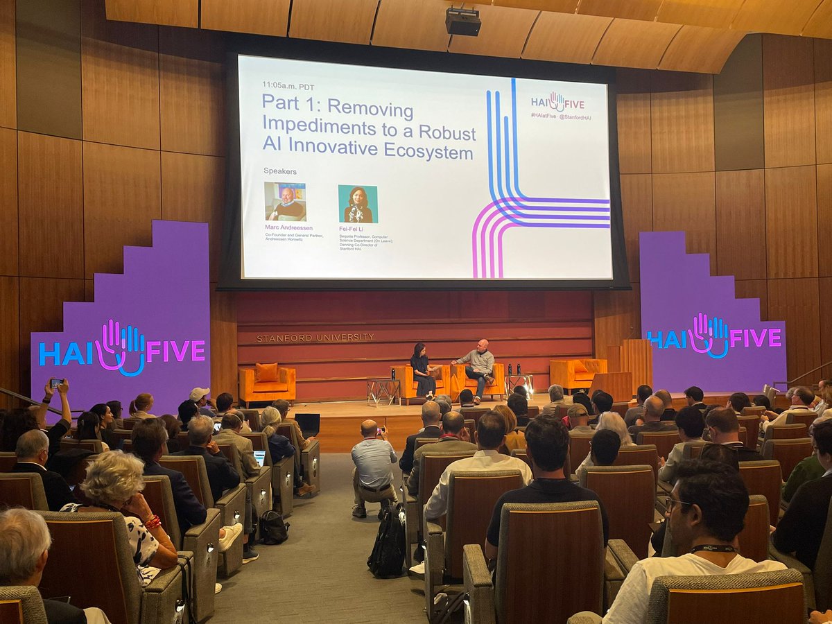 StanfordHAI's tweet photo. What role does open source play in the innovation ecosystem? Venture capitalist @pmarca says, “Every new software project starts with open source. Without open source, startups would die and academic computer science would not exist.” @drfeifei #HAIatFive Watch the fireside chat: https://t.co/j7uu8zGhQI