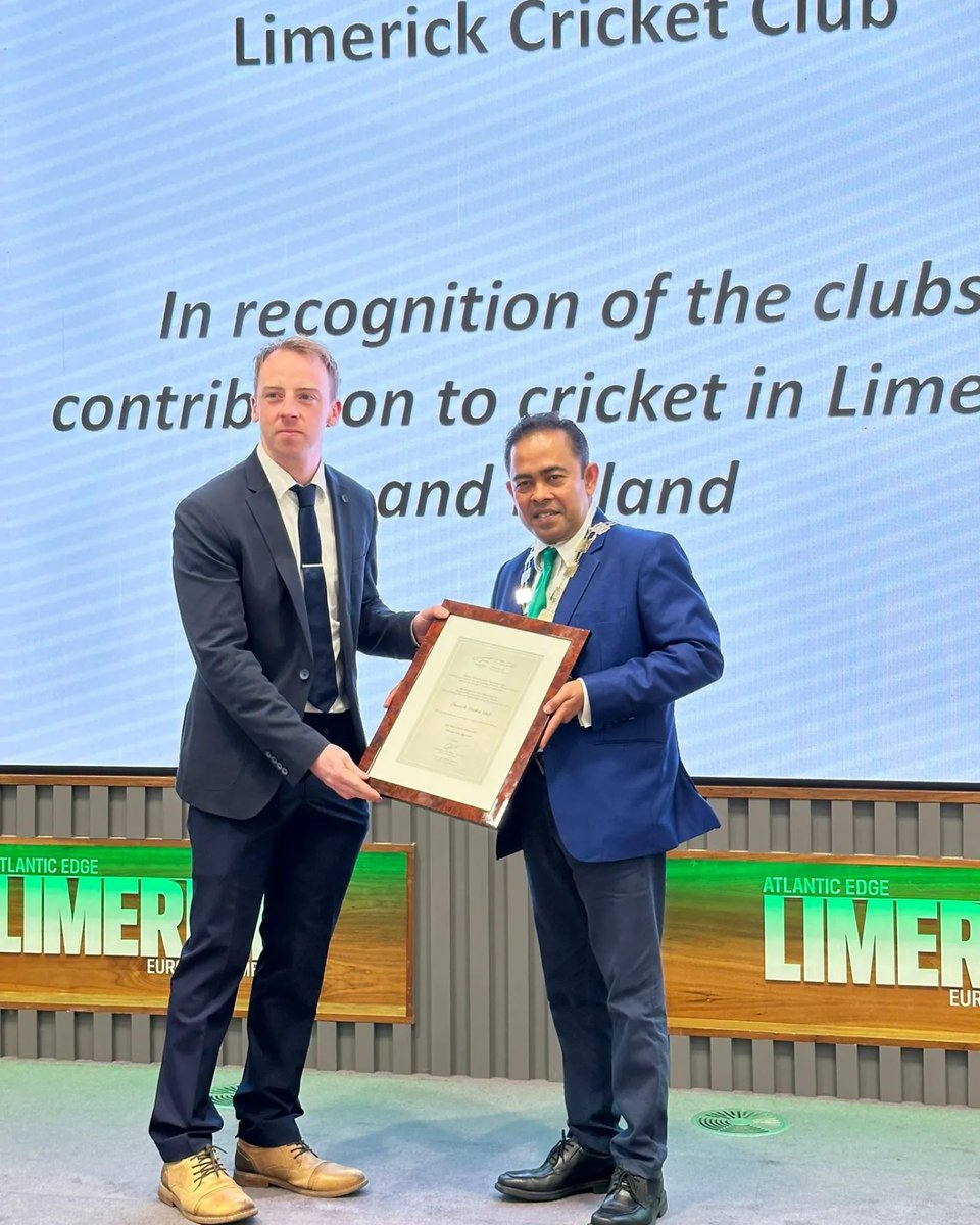 LimerickCricket's tweet photo. Our club was delighted to be welcomed at the Mayoral Reception by Cathaoirleach of the Metropolitan District of Limerick and Councillor Azad Talukder. The club was recognised for its contribution to cricket, pictured is Stephen Hackett accepting the club's scroll at the event. https://t.co/XuKXRdqmdr