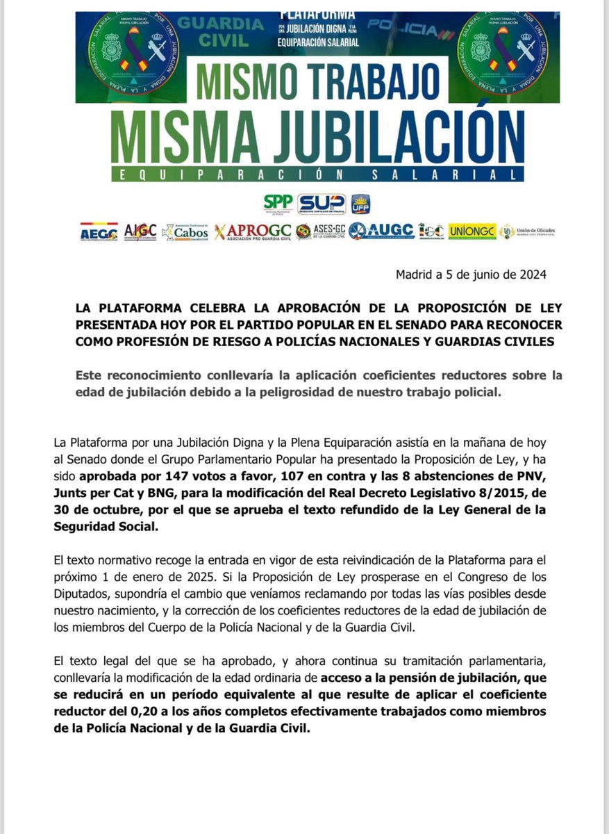 AUGC_Comunica's tweet photo. 🟢🔵#ÚLTIMAHORA La Plataforma celebra la aprobación de la Proposición de Ley presentada hoy por el Partido Popular en el Senado para reconocer como profesión de riesgo a guardias civiles y policías nacionales.

@PlataformaPNyGC @ppopular @PPSenado https://t.co/u0uVVdkFlR