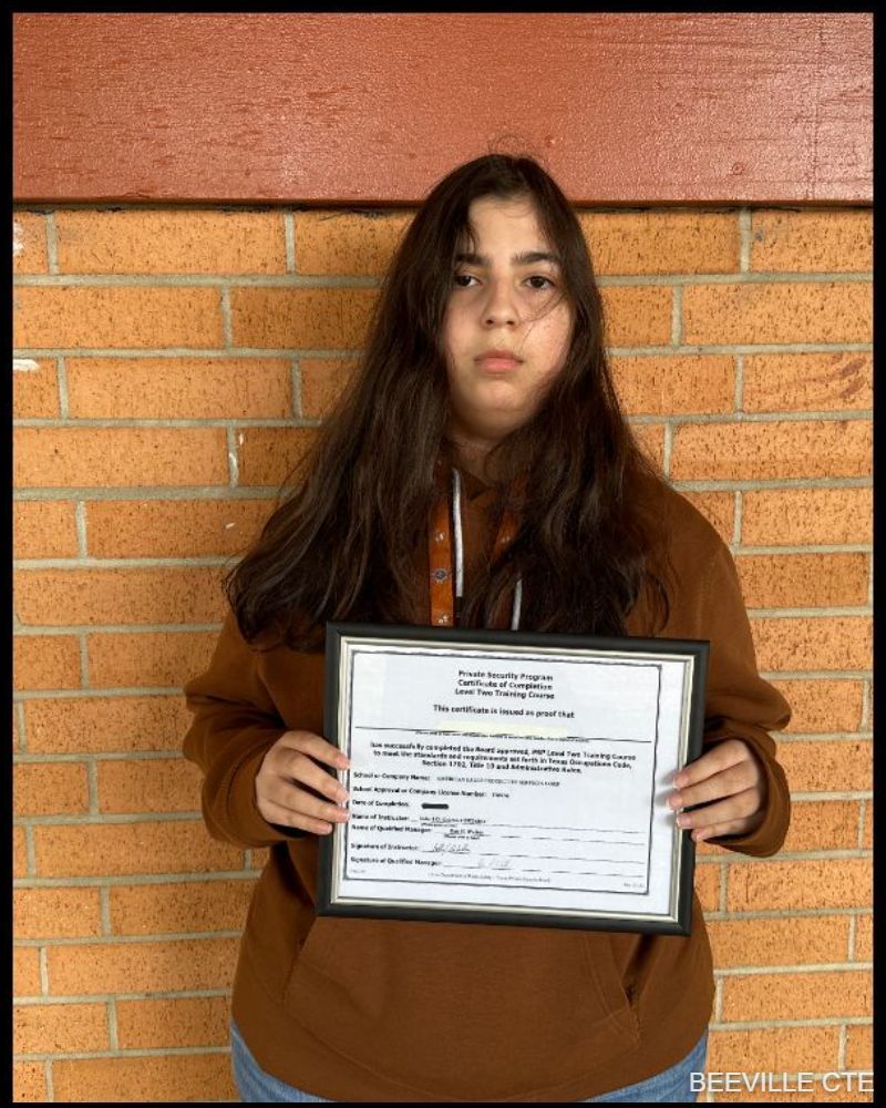 Beeville CTE Law Enforcement student Valeria passed the Texas Department of Public Safety Non-Commissioned Security Officer Level II industry training and exam during the 2023-24 school year!  Congratulations on your success and this important step toward your future!