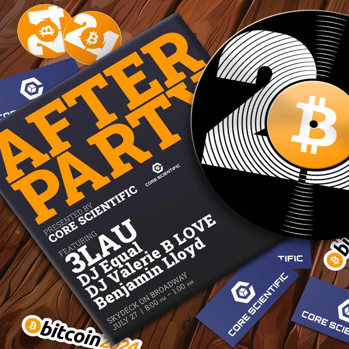 TheBitcoinConf's tweet image. Introducing the official BITCOIN 2024 AFTER PARTY, presented by @Core_Scientific!

🔊 WHO: @3LAU, @djequal, @djvalerieblove, and Benjamin Lloyd

⏱ WHEN: July 27, 8PM-1AM

📍 WHERE: Skydeck on Broadway

See you there! 🎵💃🕺🔥