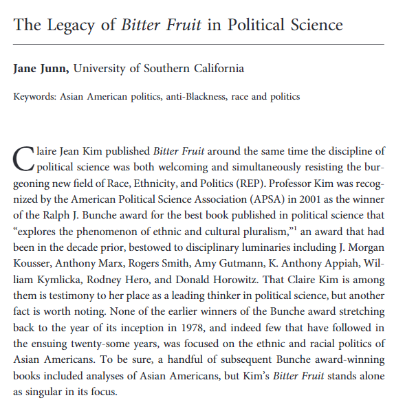 Jane Junn's article, "The Legacy of Bitter Fruit in Political Science", applauds Bitter Fruit as a tour-de-force that pushes scholars to acknowledge complexity and the importance of a relational methodological approach. 

Read it here: journals.uchicago.edu/doi/10.1086/72…