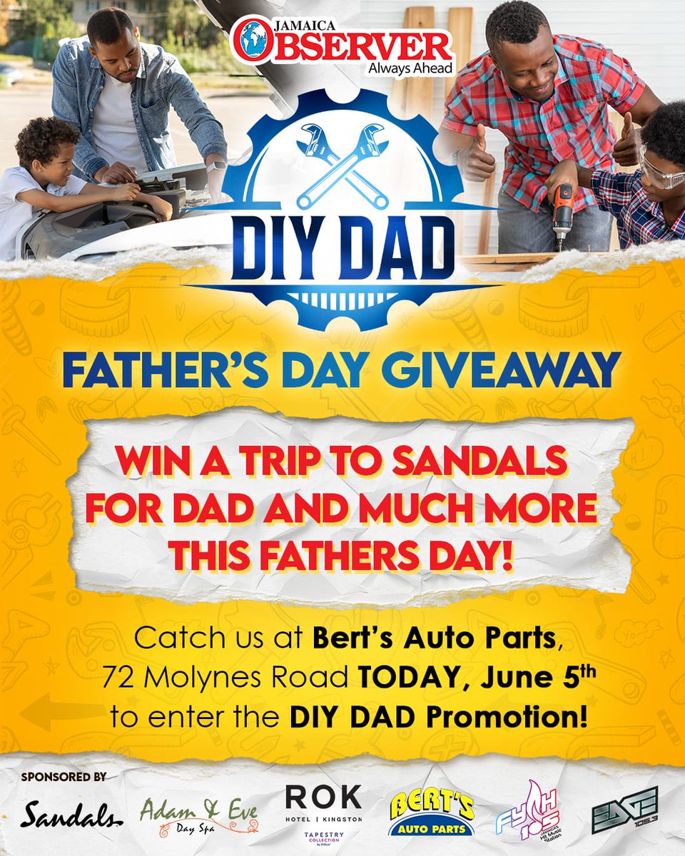 JamaicaObserver's tweet photo. This Father’s Day, give dad the ULTIMATE gift with the Jamaica Observer's DIY DAD Father's Day Giveaway!
#DIYDad #FathersDay #FathersDay2024 #JamaicaObserver #AlwaysAhead
#GiveAway https://t.co/rENI6XmwAK