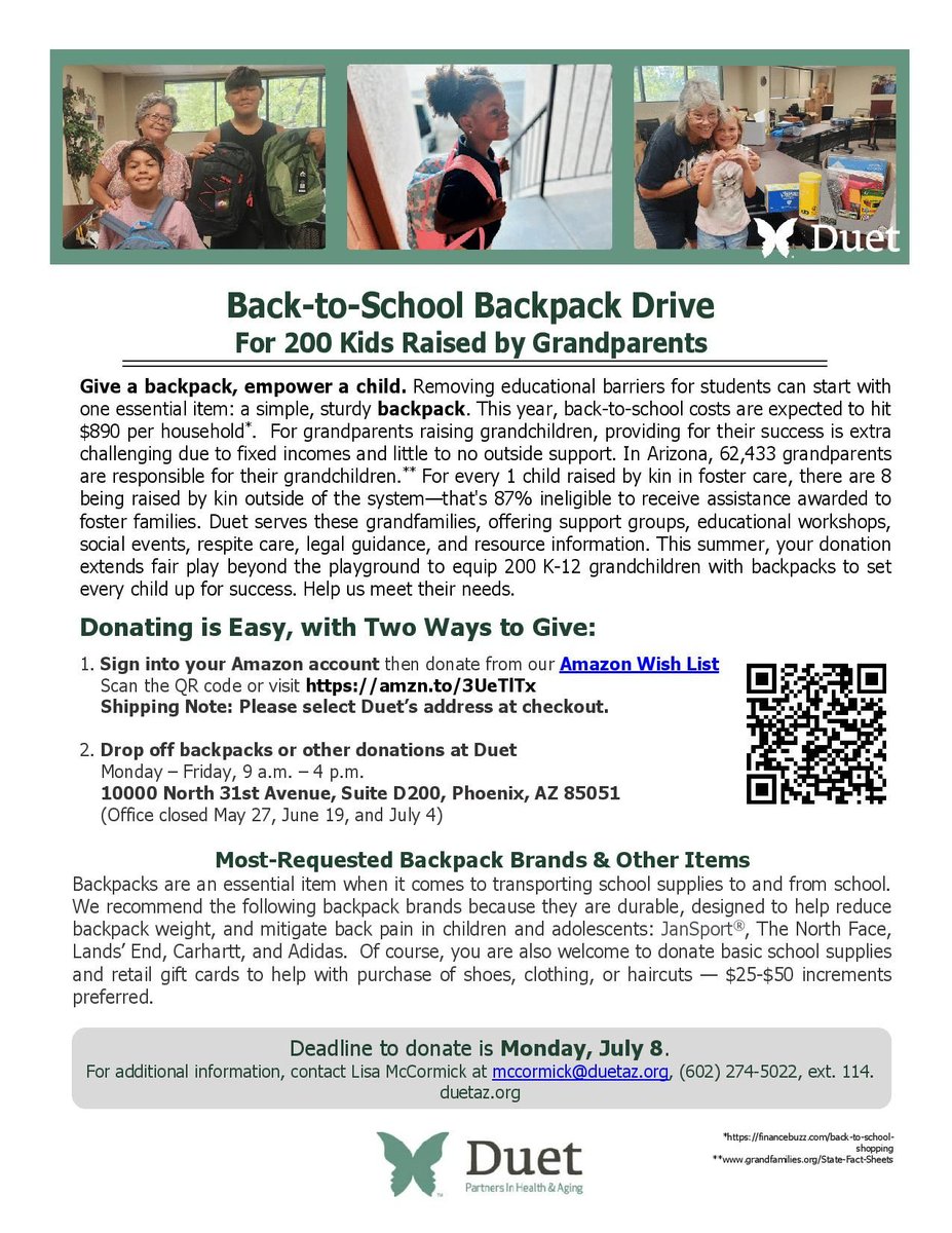 DuetAZ's tweet photo. Give a backpack, empower a child! Help us break down educational barriers by providing 200 K-12 grandchildren being raised by their grandparents with the essential tool they need to succeed in school. Donate today: https://t.co/pwndQ97par https://t.co/hVpg1m3WG7