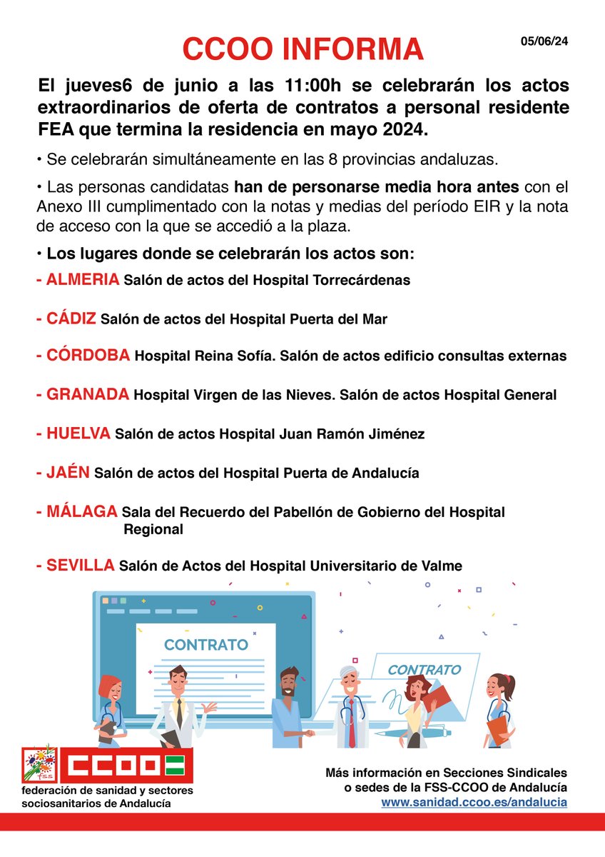 El jueves 6 de junio a las 11:00h se celebrarán los actos extraordinarios de oferta de contratos para personal residente FEA que termina la residencia en mayo 2024. 👩‍⚕️👨‍⚕️🏥

📌 Para cualquier duda puedes dirigirte a tu sección sindical de #ccoo

#CCOOTuSolución
