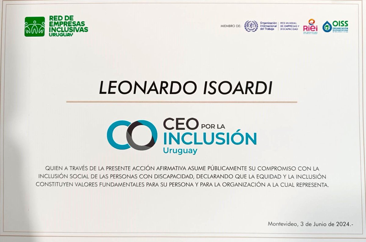 #URUGUAY
El pasado 3 de junio, nuestro socio director, <a href="/lisoardi/">Leonardo Isoardi</a>, firmó en un acto en Presidencia del Uruguay la adhesión al compromiso "CEO por la inclusión", una iniciativa de <a href="/RedEmpresasInc/">Red Empresas Inclusivas 🇺🇾</a> para promover políticas de integración laboral de personas con discapacidad.