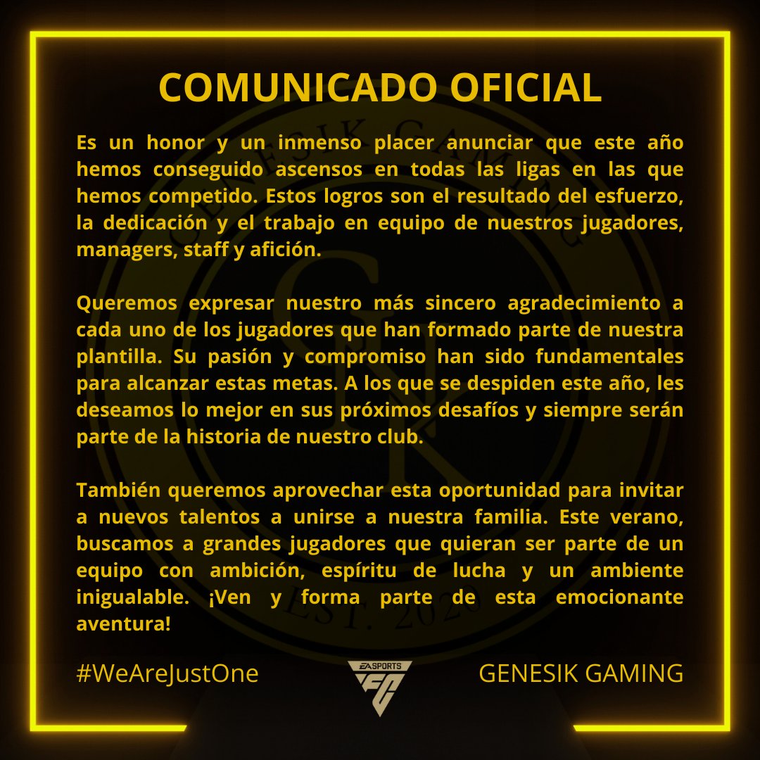 🚨COMUNICADO OFICIAL // EAFC 24🚨

Damos por concluida la temporada 2⃣3⃣-2⃣4⃣

Una temporada repleta de éxito, trabajo y esfuerzo por parte de todos💛🖤

A partir de esta semana empezaremos las pruebas para reforzar al equipo en las siguientes posiciones:

🔱CAI     🔱MCD
🔱DFC