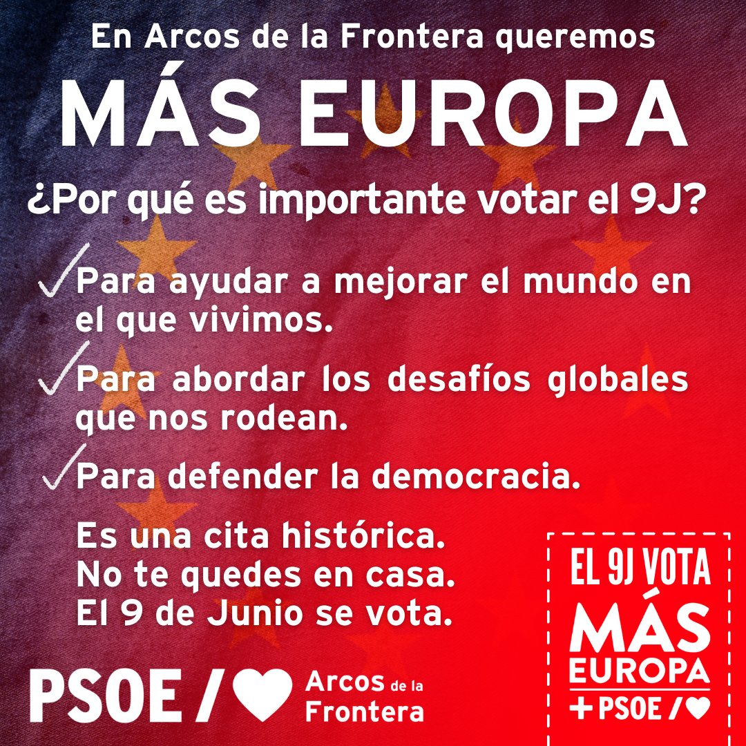 PSOE_ARCOS's tweet photo. 🇪🇺 FRENTE A LOS DESAFÍOS, VOTA.

👉 Algunos dudan, otros directamente reniegan, pero nosotros lo tenemos claro: NOSOTROS QUEREMOS MÁS EUROPA, porque a Arcos le sienta bien Europa.

🌹 El 9J vota y no lo dudes, vota #MasEuropa , vota #MasPSOE https://t.co/uQjEwBQKpj