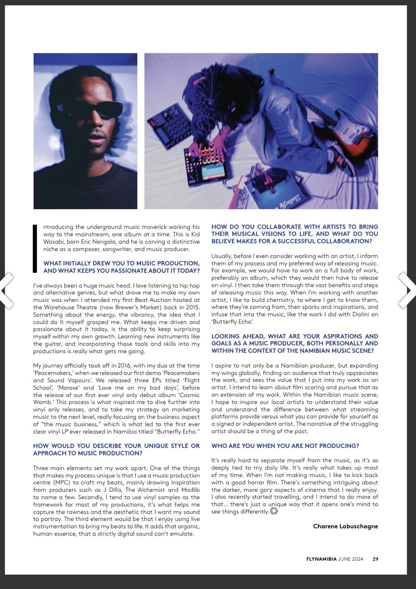 Kid_Wasabi_'s tweet photo. I got featured in the June edition of Fly Namibia’s Magazine. Super proud of this, as it is my first solo feature and an article that truly reflects all the work I’ve been putting in behind the scenes. https://t.co/QOEQZbo5nG