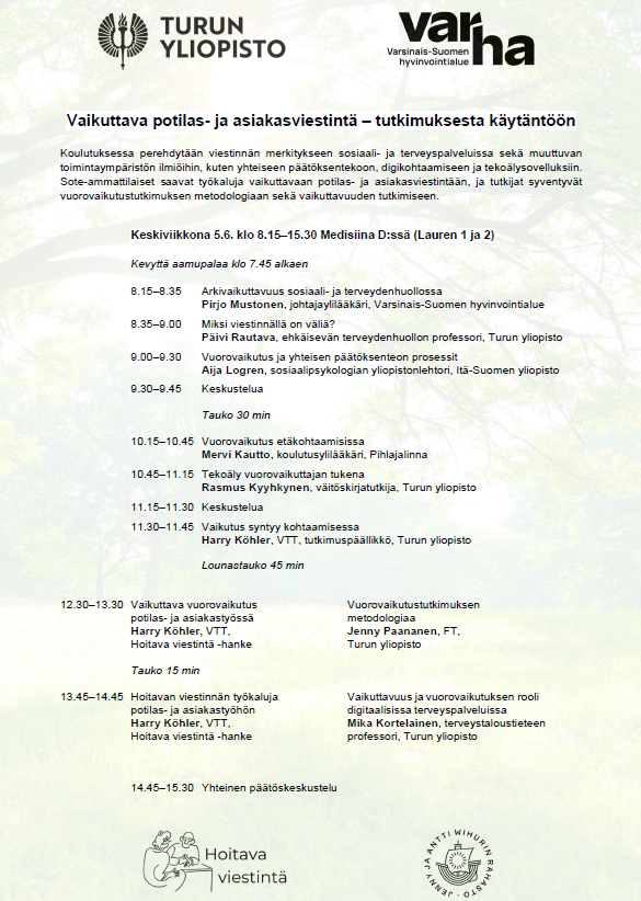 HoitavaviestUTU's tweet photo. Hieno seminaari tänään Turussa. Hyviä puheenvuoroja kohtaamisista, vuorovaikutuksesta ja vaikuttavuudesta. #potilasviestintä #potilaskohtaaminen #vaikuttavuus #HoitavaViestintä https://t.co/RGiY4L6pFv