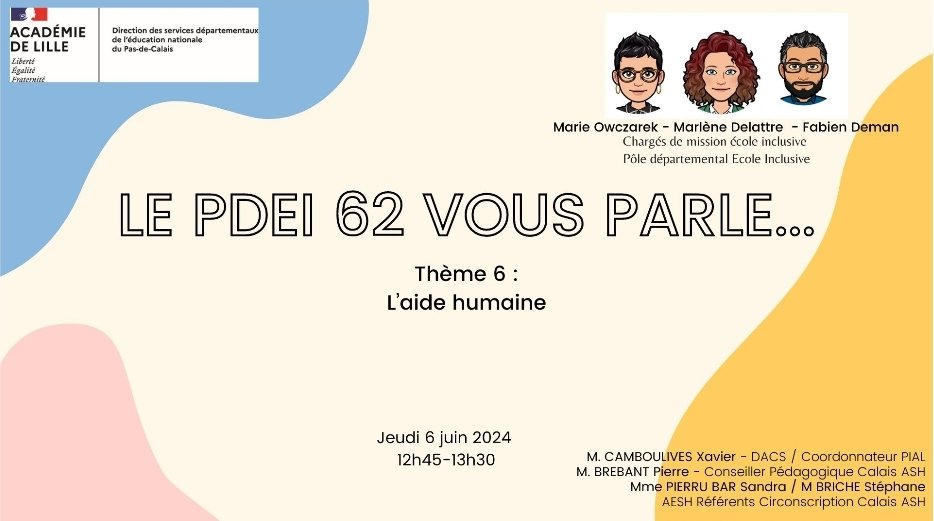 📅 Retrouvez ce jeudi 6 juin le webinaire du #pdei62
🔜 La thématique du jour sera: "L'aide Humaine "
➡️ Définition de l'accompagnement humain
➡️ Organisation des moyens
➡️ Ressources à destination des parents &amp; pro
Rdv 12h45 via le lien: visio-agents.education.fr/meeting/signin…