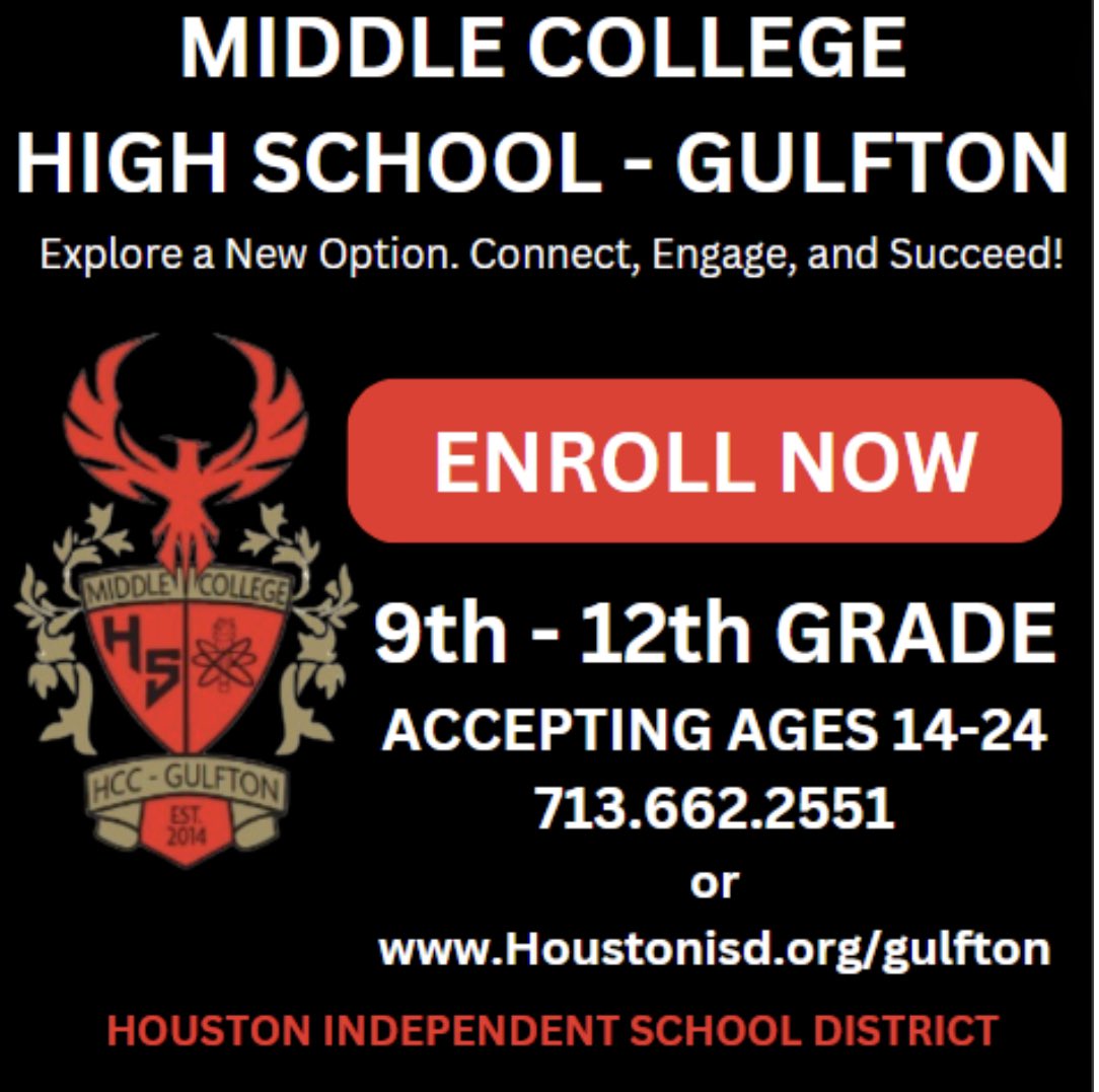 🌟 Now Enrolling for the 2024-2025 School Year! 🌟We are excited to announce that Middle College High School is now accepting applications for students entering grades 9-12.
📞 For more information, contact us at 713-662-2551. #EnrollmentOpen #BackToSchool #EducationExcellence