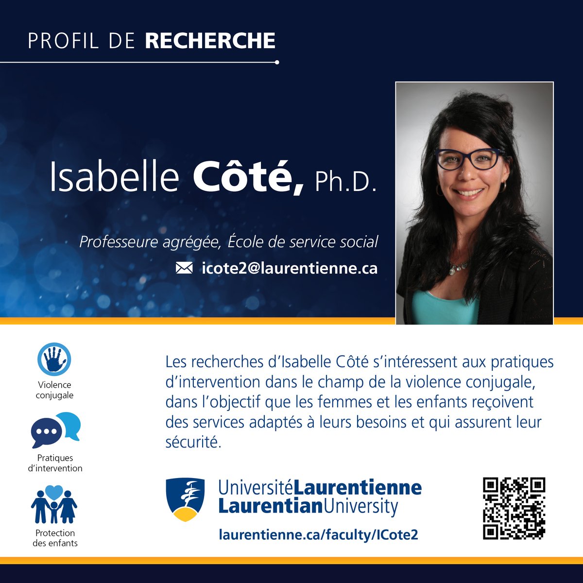 Les recherches d’Isabelle Côté s’intéressent aux pratiques d’intervention dans le champ de la violence conjugale.

Jetez un coup d'oeil au profil de recherche au 🔗pour en savoir plus sur les recherches de prof. Côté! drive.google.com/file/d/1baryRZ…