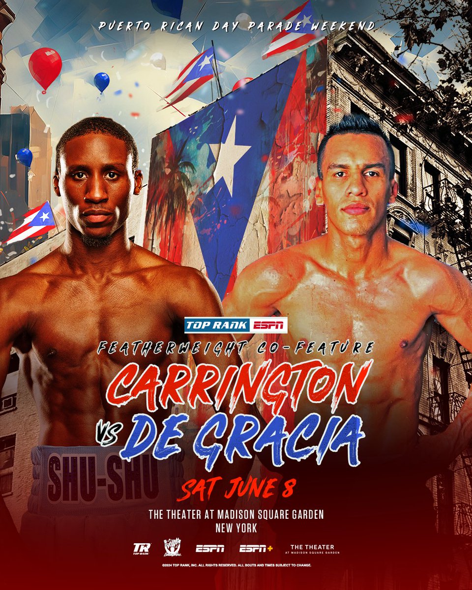 🚨 CARD UPDATE 🚨

<a href="/B_Carrington1/">Bruce Carrington</a> will now face Panamanian power puncher Brayan De Gracia in the 10-round co-feature this Saturday, June 8 at <a href="/TheTheaterAtMSG/">thetheateratmsg</a>.