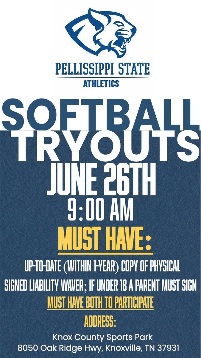Pellissippi State Athletics (@psccpanthers) on Twitter photo 🚨<a href="/PSCCSoftball/">PSCCSoftball</a> TRYOUTS COMING UP!🚨
Preregister at this link: forms.gle/4GJF6AZLkgPGnj… 🚨<a href="/PSCCSoftball/">PSCCSoftball</a> TRYOUTS COMING UP!🚨
Preregister at this link: forms.gle/4GJF6AZLkgPGnj…