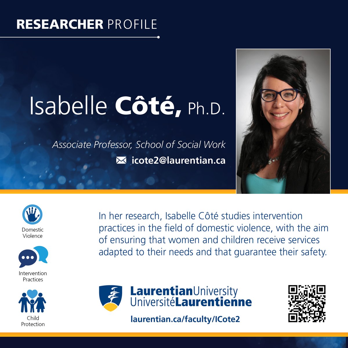 In her research, Dr. Isabelle Côté studies intervention practices in the field of domestic violence.

Click on the 🔗 to see the full researcher profile and learn more about Dr. Côté’s research! drive.google.com/file/d/15ogazV…
