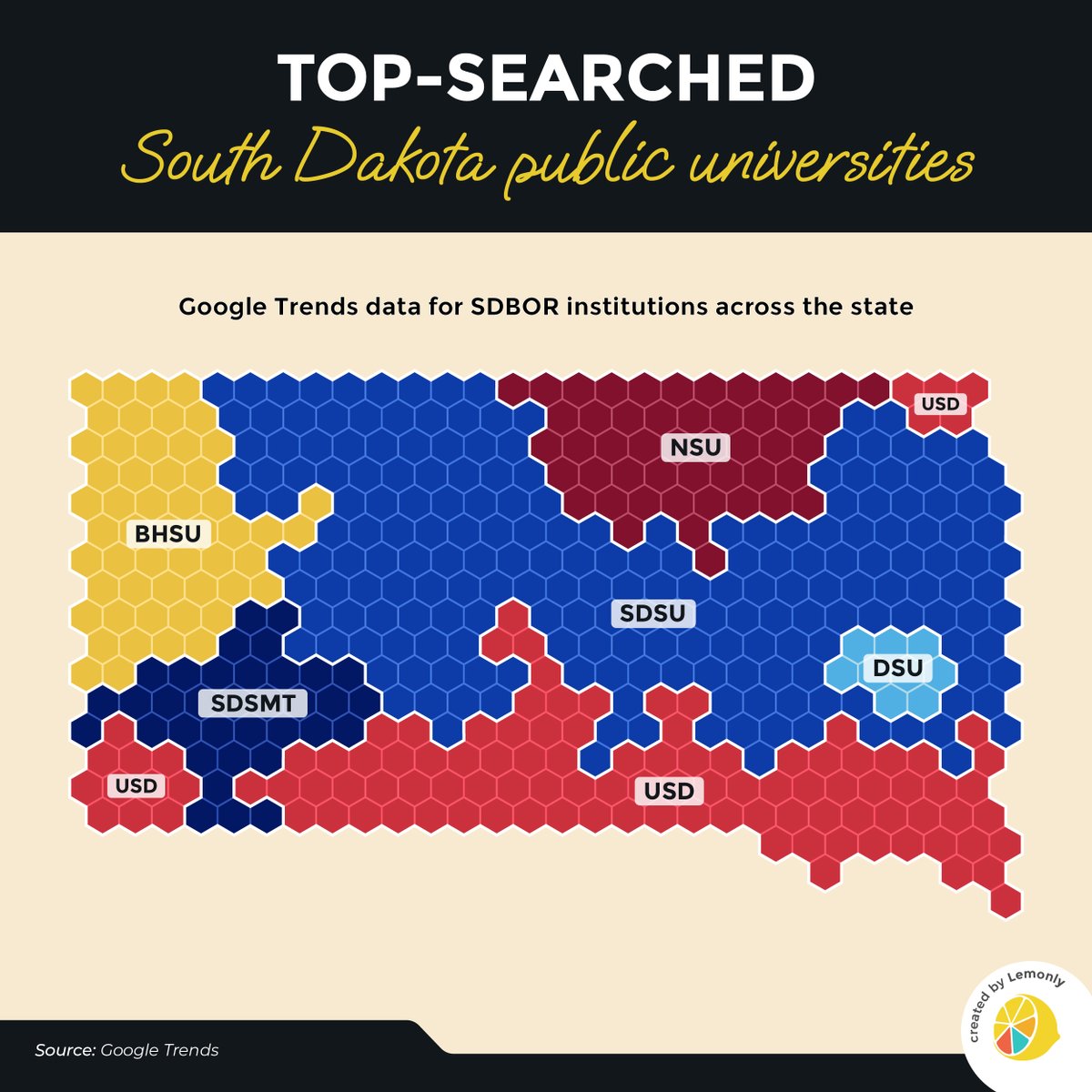 lemonly's tweet photo. Happy 605 Day! 🎉 We’re celebrating our home state with a look at the most-Googled South Dakota public universities across the 605.

#southdakota #605day #dataviz https://t.co/TxHllljlVx