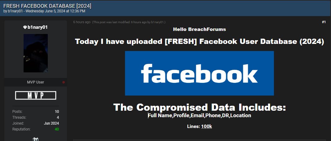 H4ckmanac's tweet photo. 🚨 #DataLeak 🚨

A leak of 100,000 user records from Facebook (Meta) has been detected on a hacking forum.

According to the post, these data are fresh from 2024 and contain information such as full names, profiles, email addresses, and phone numbers.

The confirmation or denial of these claims has yet to be verified.

#DataBreach #CyberAttack #Meta