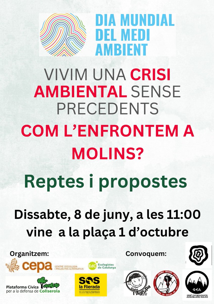 Avui és el #DiaMundialdoAmbiente i us convoquem, gent de Molins, dissabte que ve, per reivindicar mesures reals per protegir la natura de Molins <a href="/MAmbient_Molins/">#Medi Ambient Molins</a>
