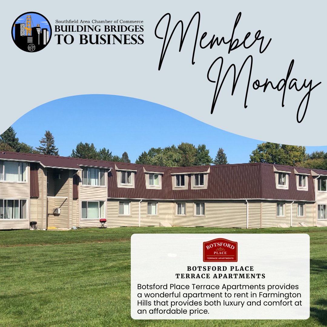 SouthfieldCC's tweet photo. Member Monday! 🎉 

This Member Monday we're featuring @botsfordplace 🏠
Their luxurious and affordable Farmington Hills apartment rentals have it all! 🙌
https://t.co/QmMSOCL525

#membermonday #creatingconnections #southfieldchamber #botsfordapartments https://t.co/KkZTNMDEAX