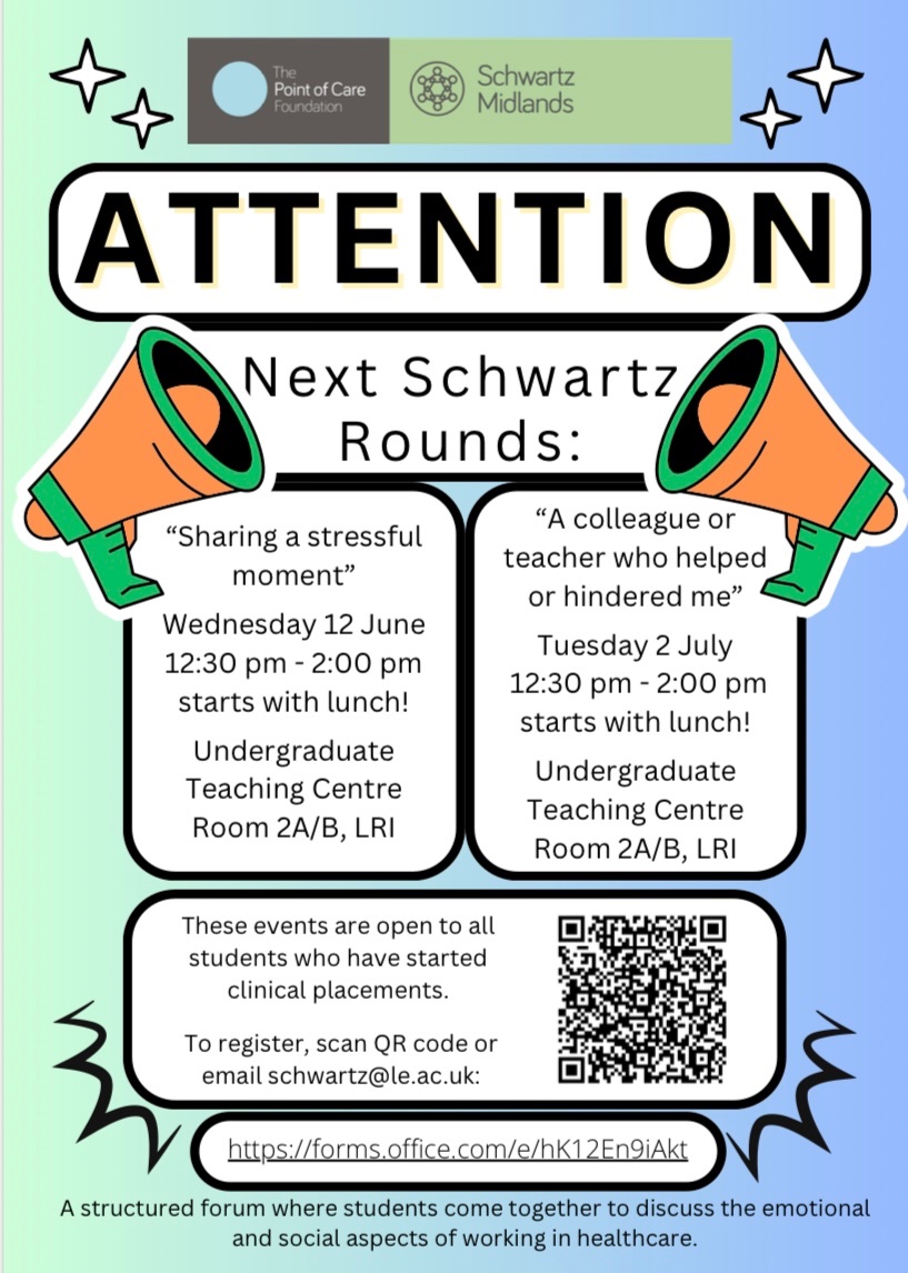 Nursing students! Details of upcoming Schwartz rounds - a safe and structured place to reflect on your placement experiences 👨‍⚕️👩‍⚕️
