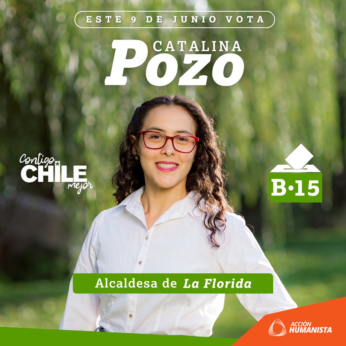 AHumanistaCL's tweet photo. 🗳️ Este 9 de junio, si vives en #LaFlorida, vota por nuestra candidata en estas primarias, vota por Catalina Pozo del pacto #ContigoChileMejor. Construyamos juntas y juntas la comuna del futuro que queremos, con un municipio más cercano y humano. ¡Vota por @cataapozo! https://t.co/wathGMtpA0