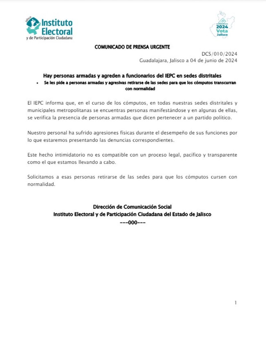 azucenau's tweet photo. Denuncia el Instituto Electoral de Jalisco la presencia de personas armadas y agresiones contra su personal durante el recuento de votos. https://t.co/niMjnqL4Cx