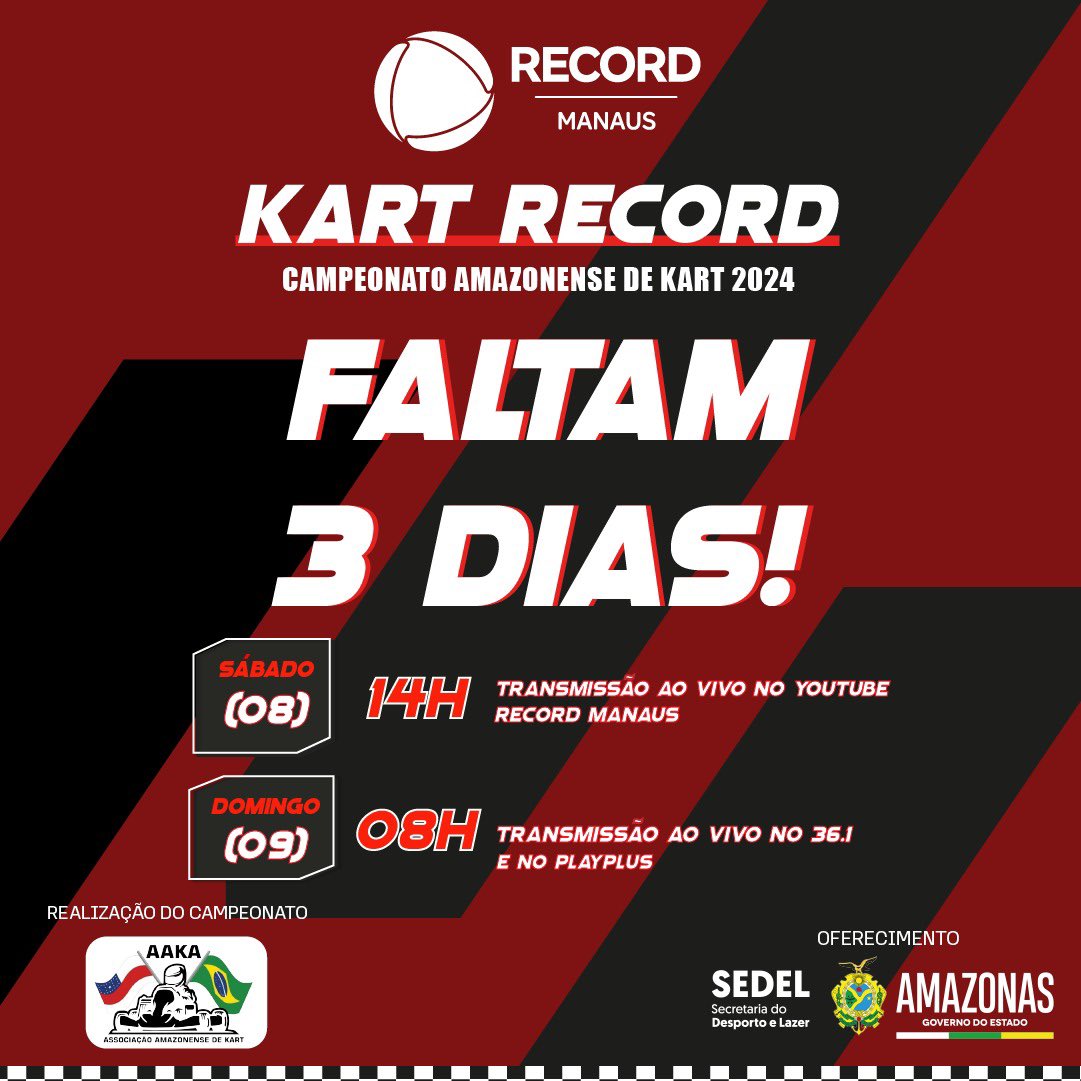 recordmanaus's tweet photo. VEM AÍ A TERCEIRA ETAPA DO KART RECORD! 😎

A 3ª etapa vem com tudo no fim de semana, dia 08 de junho, sábado, a partir das 14h você confere a transmissão ao vivo no nosso canal no YouTube (Record Manaus) 🏁 https://t.co/IsvvWrM0Xv