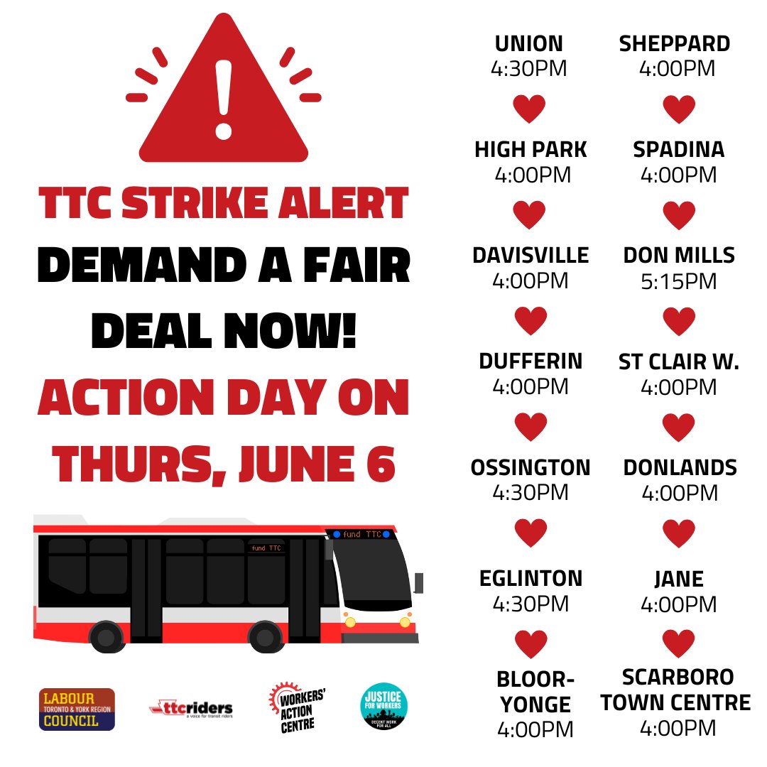 ttcriders's tweet image. ⚠️TTC strike alert! Demand a fair deal now!

Join us Thursday, June 6 at 14 subway stops: justice4workers.org/we_heart_ttc_w…

Help inform transit riders of how to prepare in case of a strike + ask them to call on the #TTC to negotiate a fair deal with the transit workers we all depend on