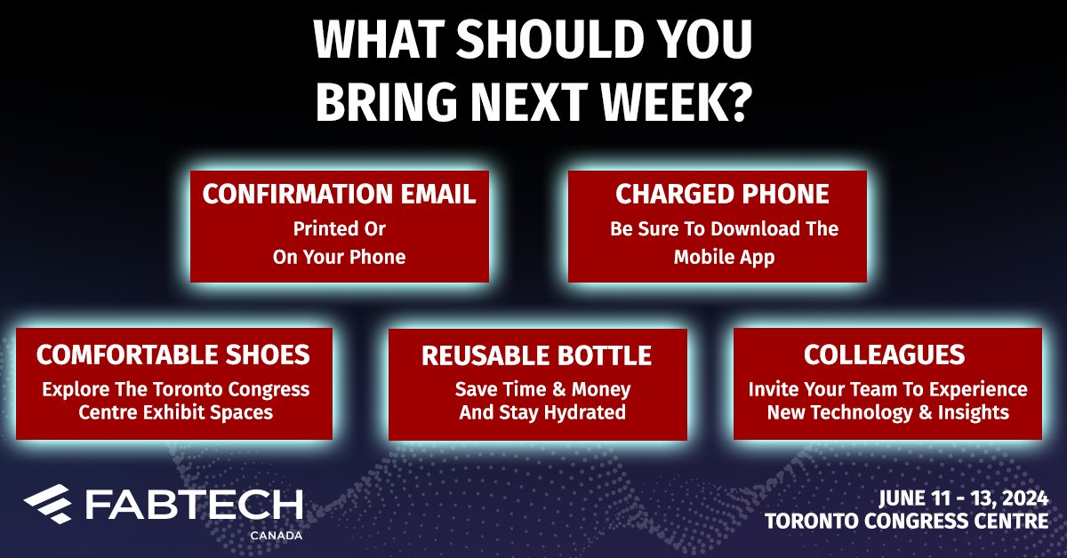 🎒 Doublecheck and make sure you have all you need for #FABTECHCanada!

There’s still time for you to register and prepare for 3 days of unmissable networking, education, tech showcases and innovations in manufacturing next week! 

REGISTER TODAY ➡ brnw.ch/21wKtIA