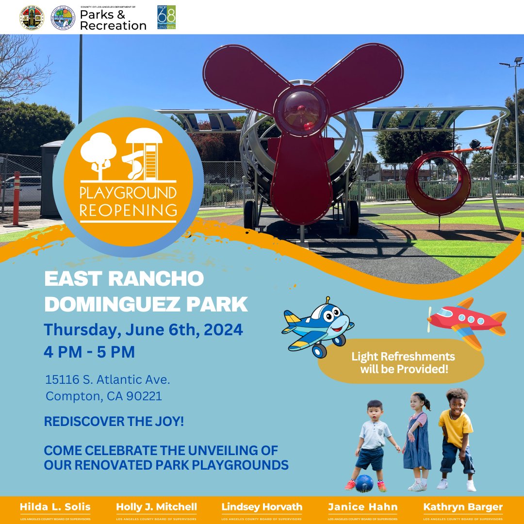 lacountyparks's tweet photo. ๐ Join us this Thursday, June 6 at 4 PM to celebrate the unveiling of our renovated playground at East Rancho Dominguez Park! โจ
#LACountyParks #FamilyFun #Playtime #LAParents #LACountyPlaygrounds https://t.co/LccfxWXB9j