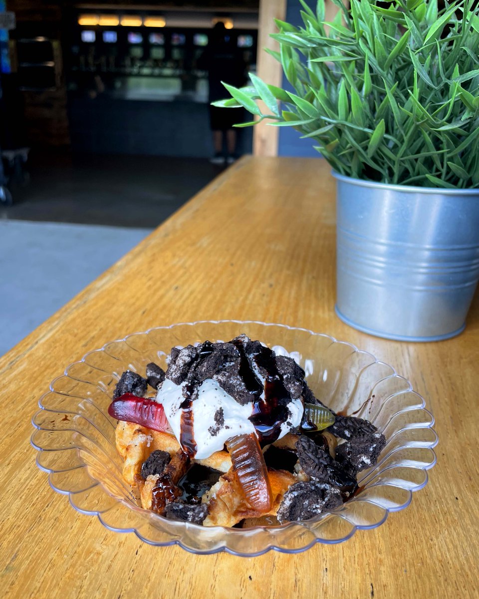 Our Waffle Special of the month is a Dirt Pudding Waffle. Gummy worms hidden beneath ours secret pudding recipe topped with Oreo crumbs and chocolate syrup!