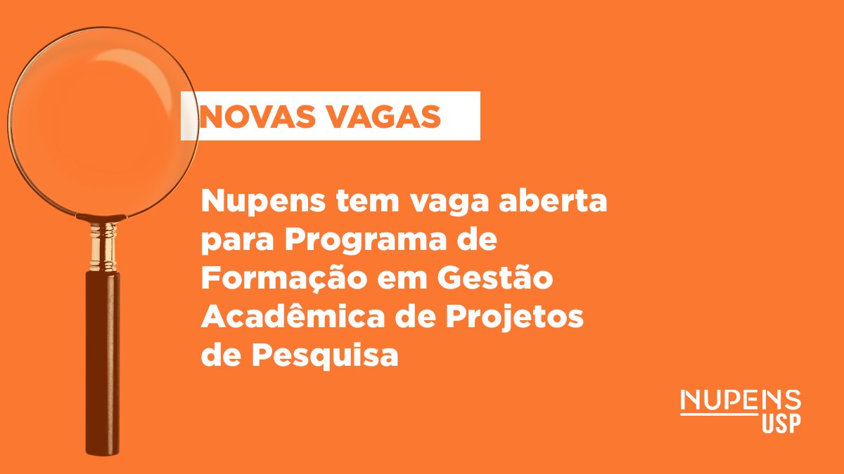 Nupens/USP busca bolsista para gestão de projetos de pesquisa! 

●Bolsa no valor de R$8.479,20 mensais
● Duração: 12 meses, com possibilidade de prorrogação por mais 12 meses.
● Data de Início: 01 de agosto de 2024
●  40h, presencial, em São Paulo - SP