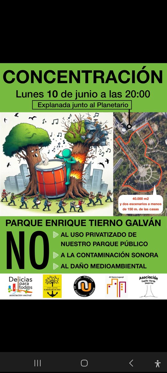 #Arganzuela lunes 10/6 a las 20 horas. Protestamos contra los macroconciertos del parque Tierno Galván a la entrada del edificio Planetario. Acceso por la Avda. Planetario 16 o por parque. No faltes, por el derecho al descanso y contra la okupación lucrativa de espacios públicos