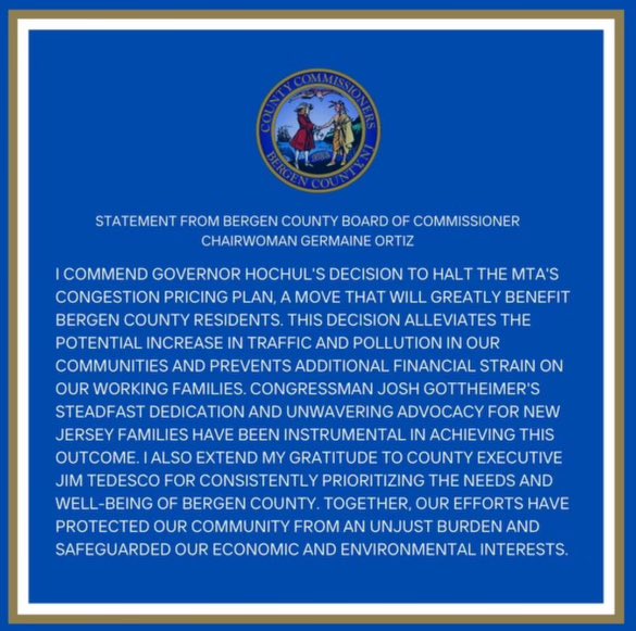 TomSullivanNJ's tweet photo. Statement on behalf of the Bergen County Board of Commissioners regarding the suspension of the MTA’s congestion pricing plan.

#bergencounty #bergencountynj #bergencountystrong https://t.co/h2GmpF86PS