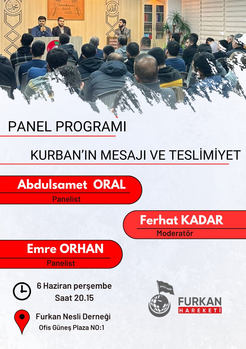 fneslidernegi's tweet photo. 𝗣𝗔𝗡𝗘𝗟 𝗣𝗥𝗢𝗚𝗥𝗔𝗠𝗜📣

📌Kurban'ın Mesajı ve Teslimiyet konulu panel programımıza davetlisiniz... 

📍Diyarbakır
📅6 Haziran Perşembe
⌚ 20.15

#Diyarbakır https://t.co/RDkJWKSdbQ