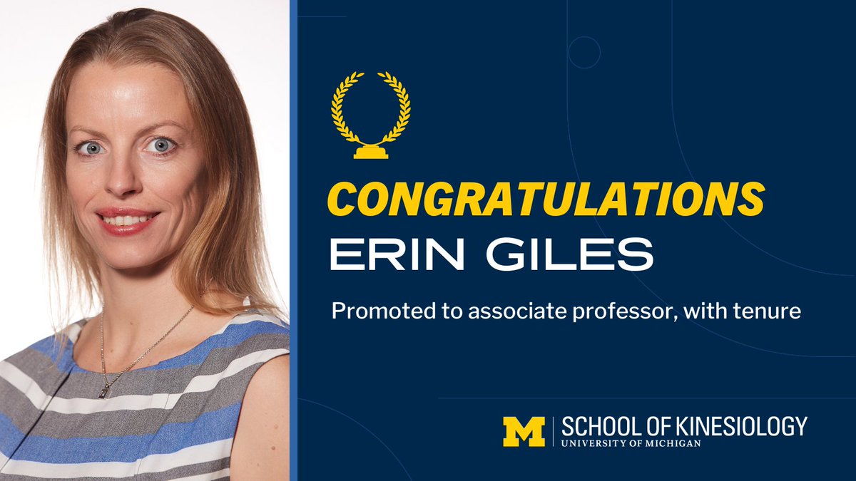 UMKines's tweet photo. Congratulations to Kinesiology faculty members on their recent promotions:
👏 Natalie Colabianchi, associate dean for research, eff 7/1;
👏 Deanna Gates, full professor of kinesiology, eff 9/1;
👏 Erin Giles, associate professor of kinesiology, with tenure, eff 9/1.
#GoBlue https://t.co/4YLuCjQ4Pk