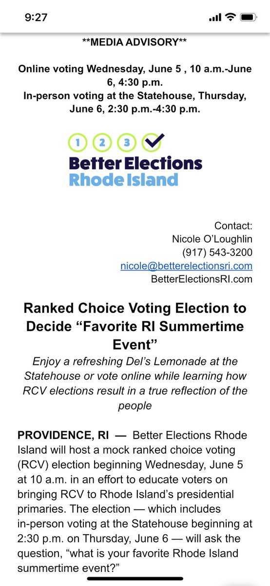BetterElectsRI's tweet photo. Better Elections RI will host a Ranked Choice Voting Elections for “favorite RI summertime event” beginning online at 10 a.m. on Wednesday. In-person voting will take place at the Statehouse on Thursday from 2:30-4:30 p.m. Vote here: https://t.co/vn2tp5VCpl https://t.co/BzIko3m7G1