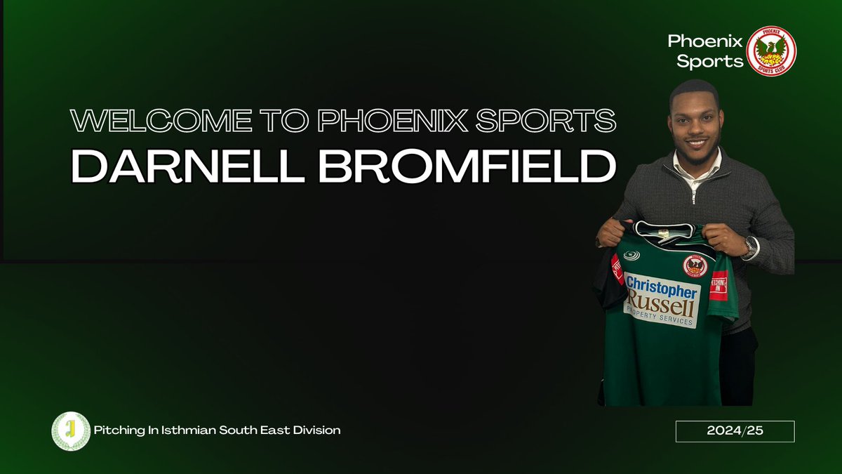 phoenixsportsfc's tweet photo. We would like to welcome DARNELL BROMFIELD to Phoenix Sports! 🥳
Midfielder Darnell played over 40 games for West Essex FC last year and has previously been at Fisher and Aveley 👏
🔗https://t.co/baBmjD4WFH
#WelcomeToPhoenix 💚🖤 https://t.co/Hn6OLqMJck